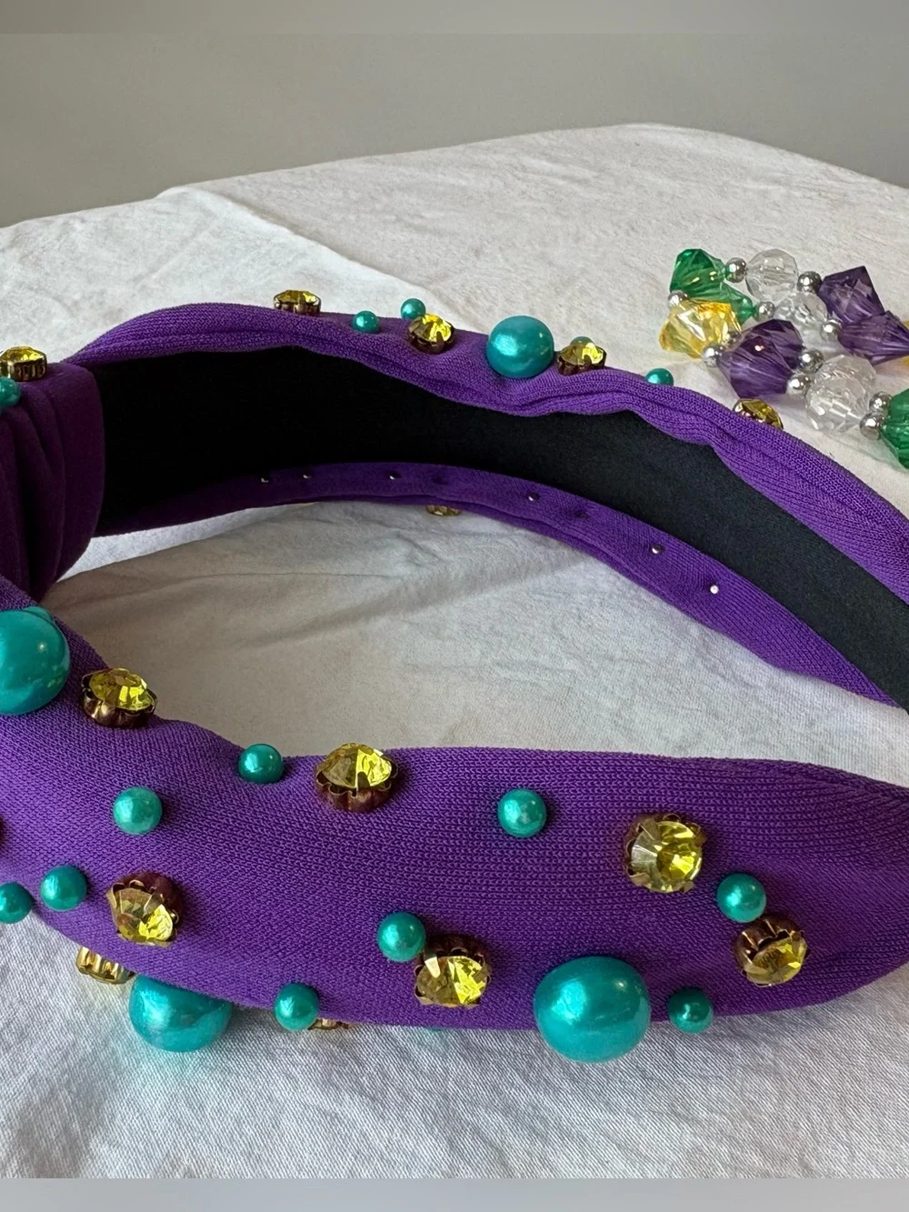 Mardi Gras Purple Knotted Headband with Turquoise Beads and Gold Accents